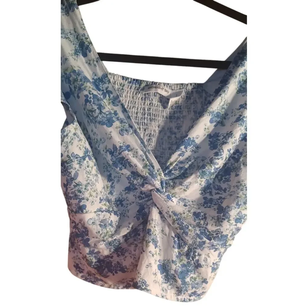Midnight Sky Baby Doll Smocked Floral Blue White Top Linen Blend Women's Large - Picture 2 of 6